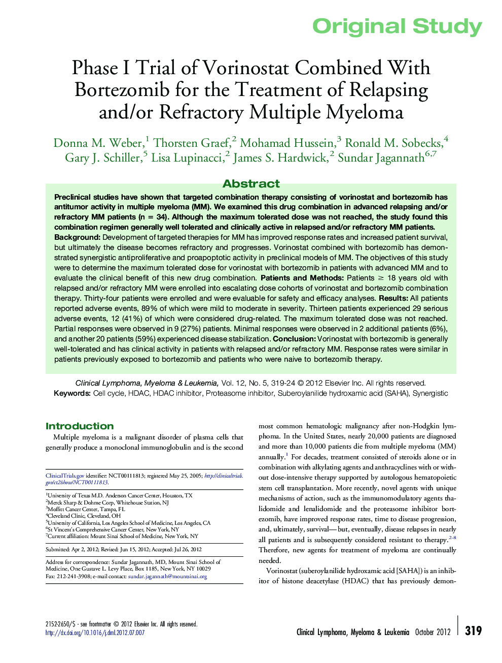 Phase I Trial of Vorinostat Combined With Bortezomib for the Treatment of Relapsing and/or Refractory Multiple Myeloma 