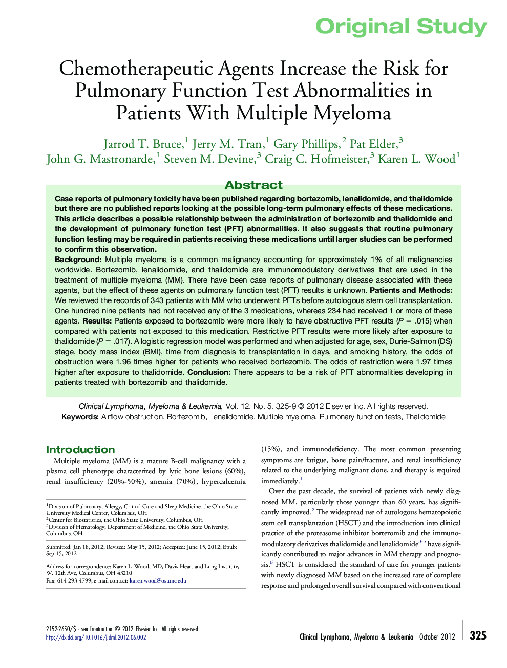Chemotherapeutic Agents Increase the Risk for Pulmonary Function Test Abnormalities in Patients With Multiple Myeloma