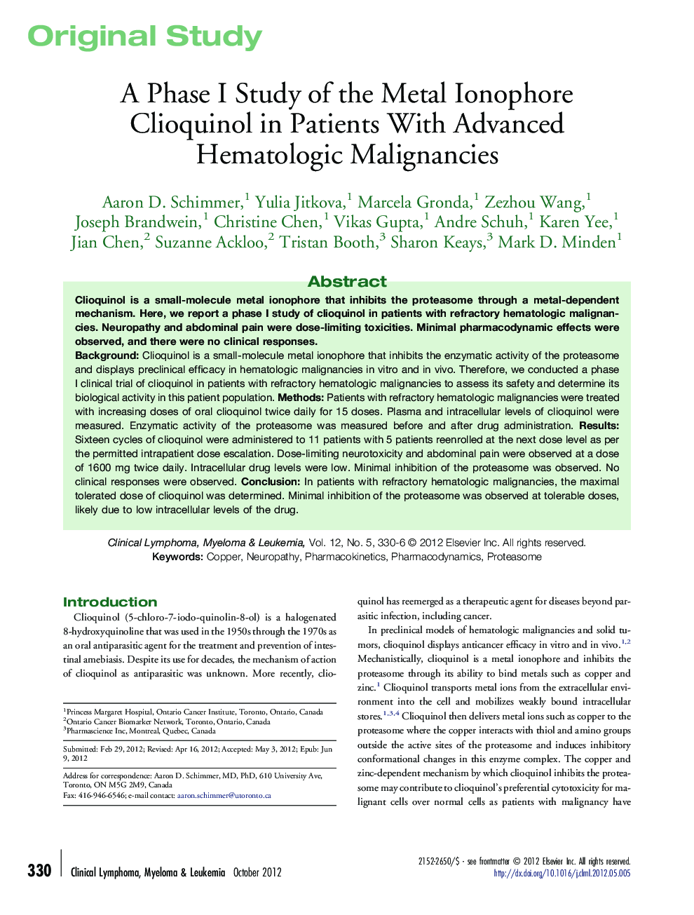 A Phase I Study of the Metal Ionophore Clioquinol in Patients With Advanced Hematologic Malignancies