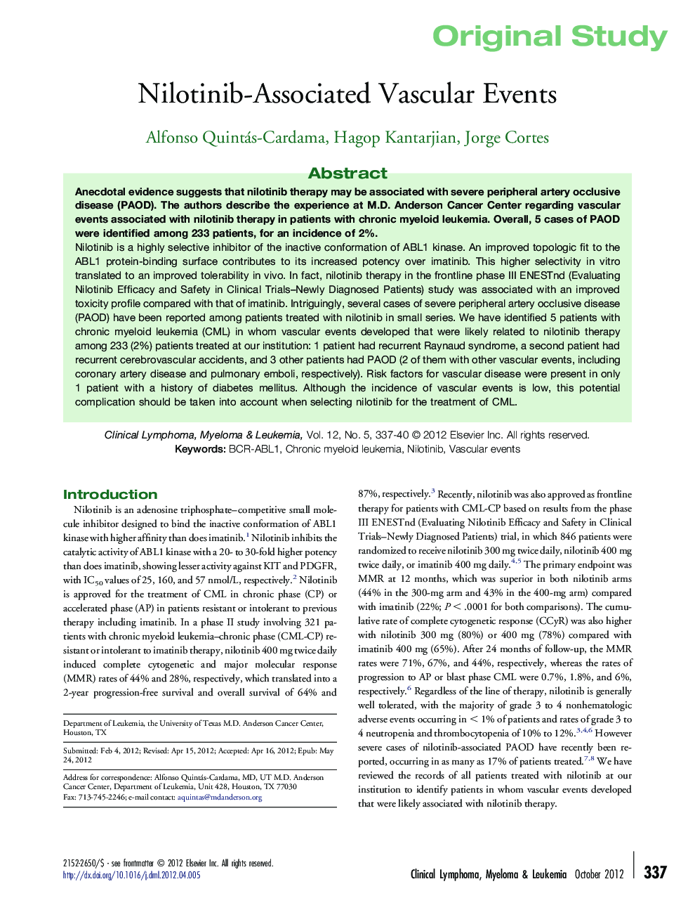 Nilotinib-Associated Vascular Events