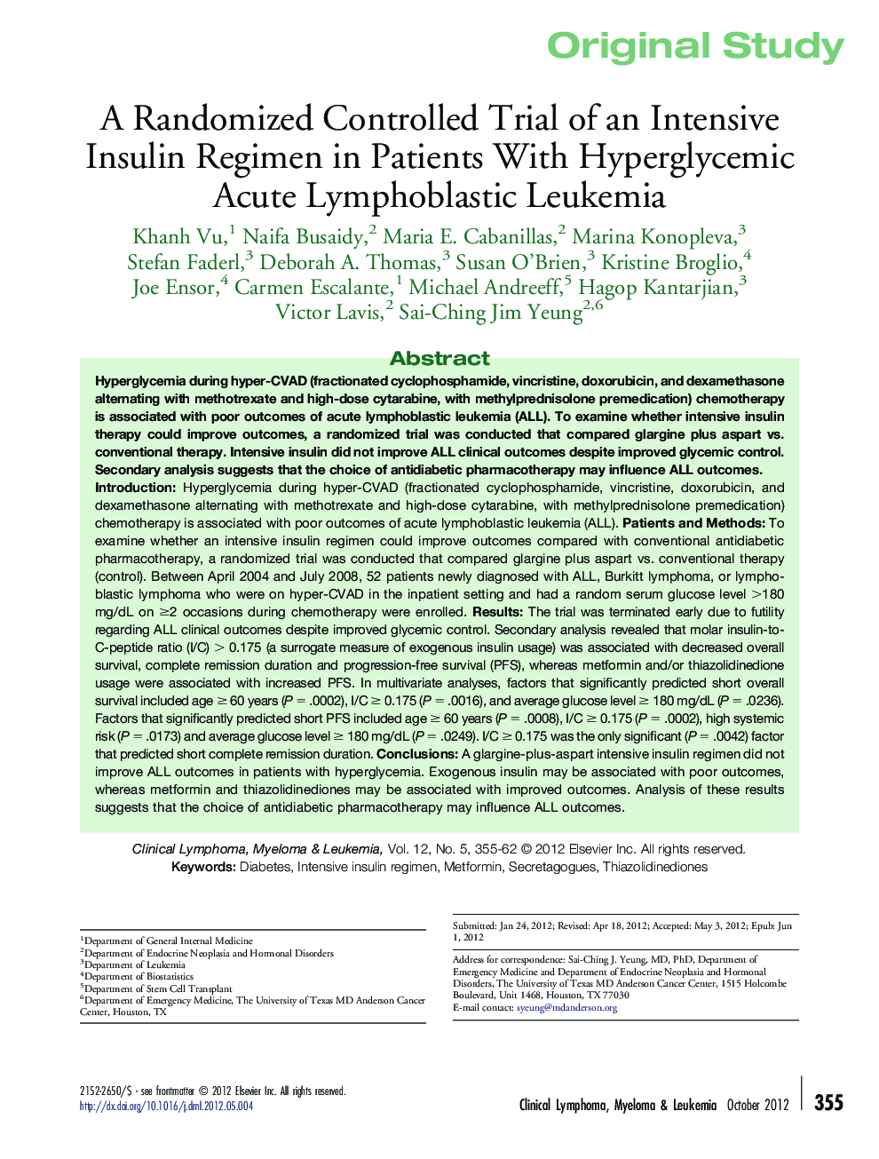 A Randomized Controlled Trial of an Intensive Insulin Regimen in Patients With Hyperglycemic Acute Lymphoblastic Leukemia