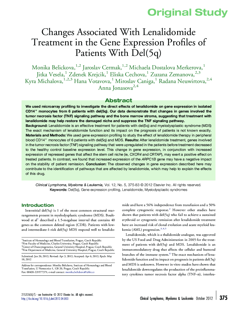 Changes Associated With Lenalidomide Treatment in the Gene Expression Profiles of Patients With Del(5q)