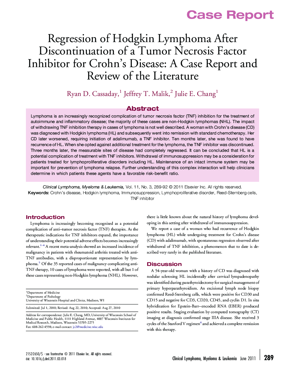 Regression of Hodgkin Lymphoma After Discontinuation of a Tumor Necrosis Factor Inhibitor for Crohn's Disease: A Case Report and Review of the Literature