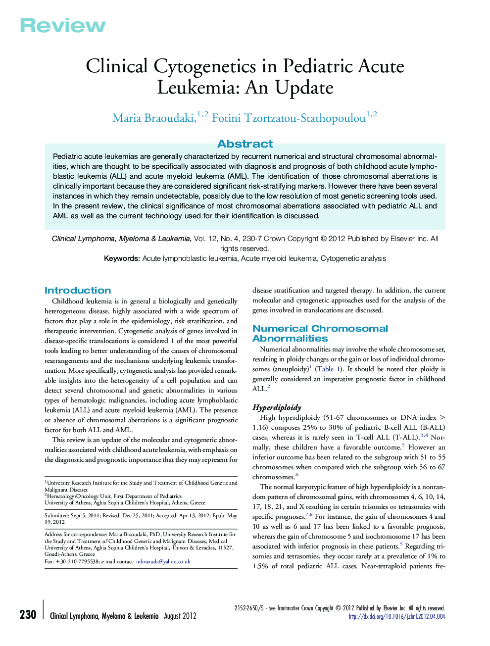 Clinical Cytogenetics in Pediatric Acute Leukemia: An Update