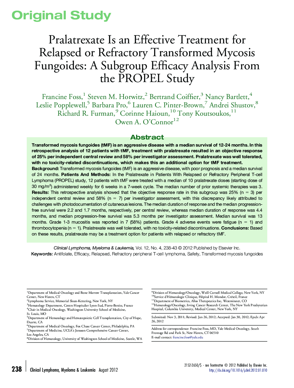 Pralatrexate Is an Effective Treatment for Relapsed or Refractory Transformed Mycosis Fungoides: A Subgroup Efficacy Analysis From the PROPEL Study