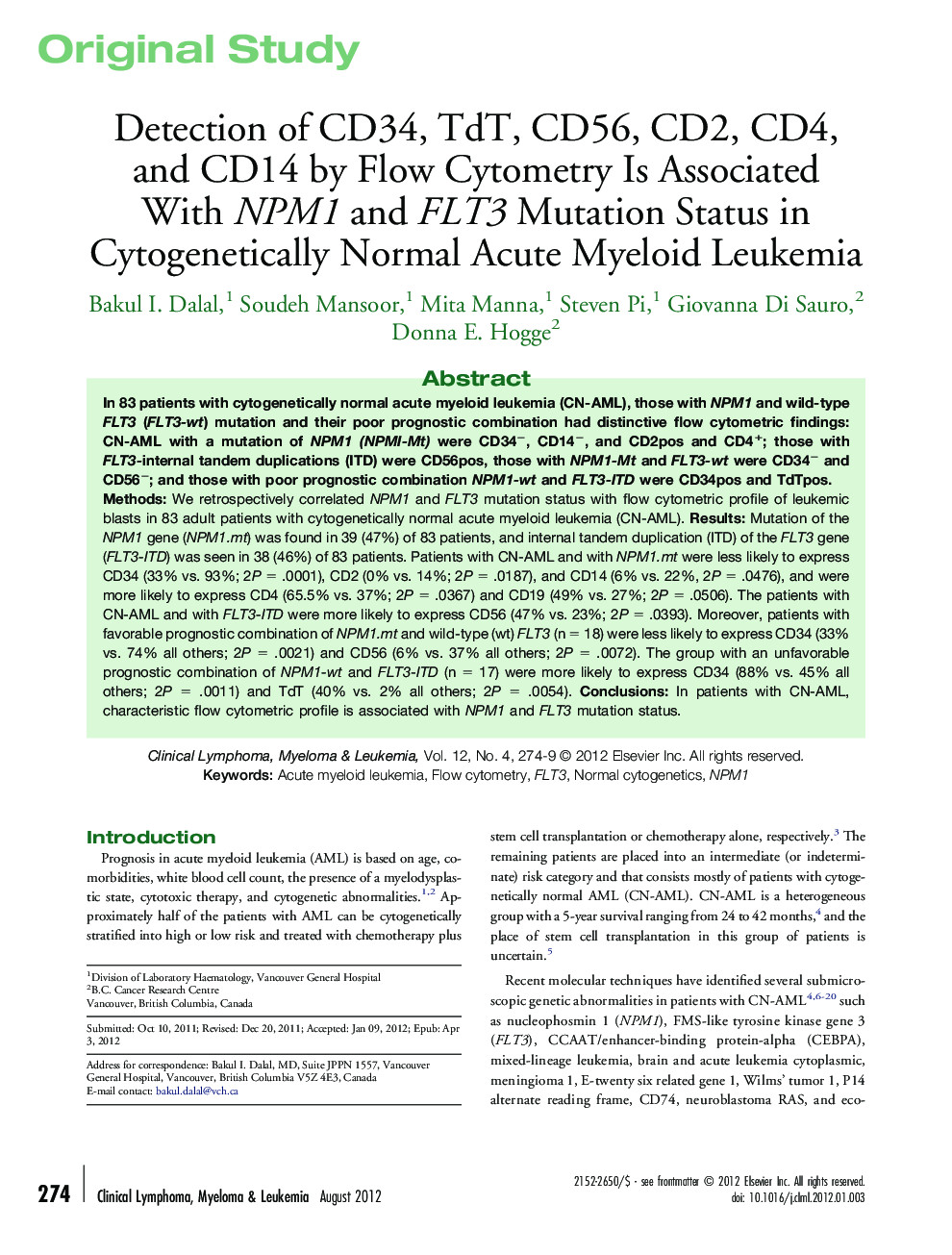 Detection of CD34, TdT, CD56, CD2, CD4, and CD14 by Flow Cytometry Is Associated With NPM1 and FLT3 Mutation Status in Cytogenetically Normal Acute Myeloid Leukemia