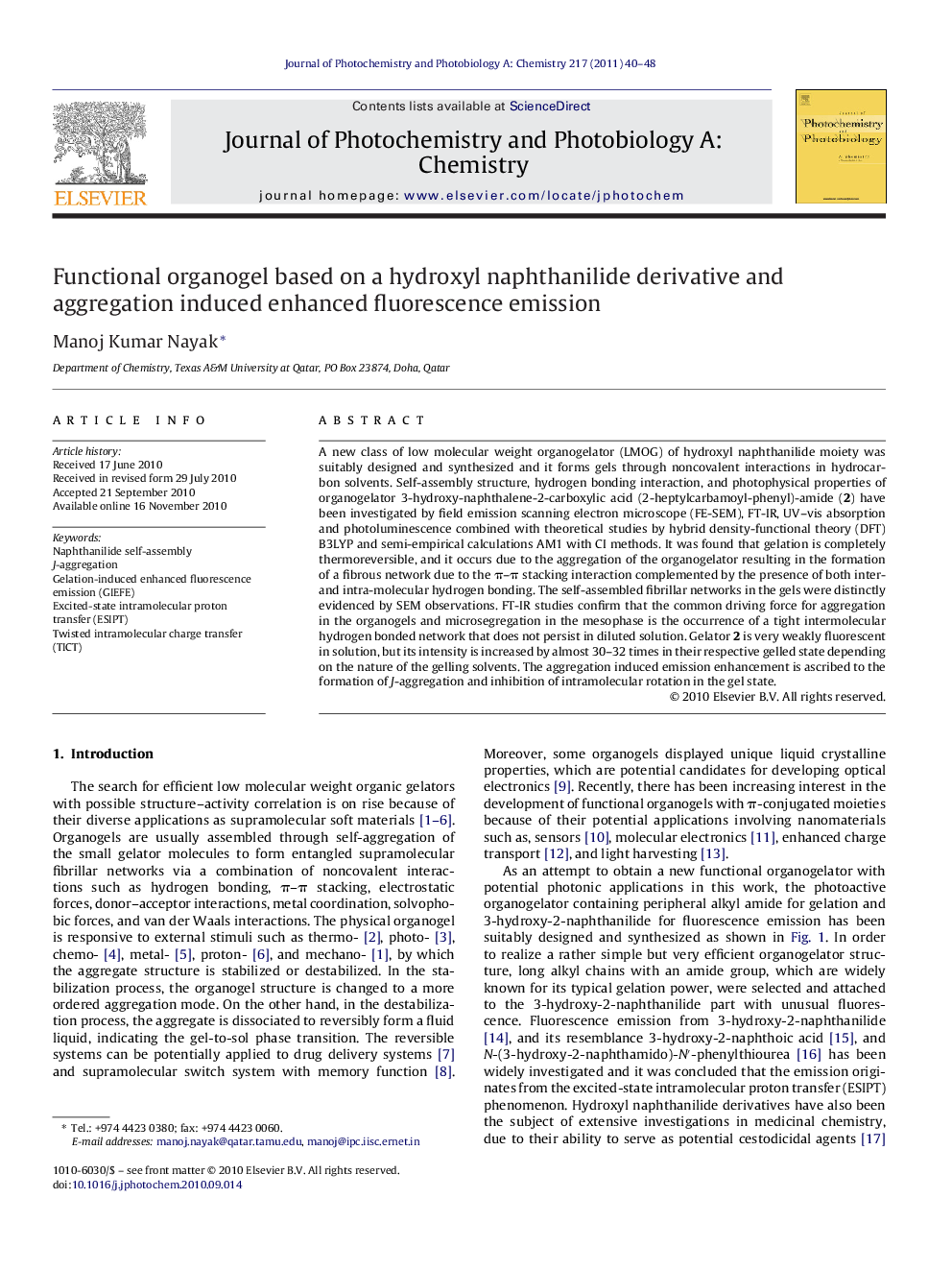 Functional organogel based on a hydroxyl naphthanilide derivative and aggregation induced enhanced fluorescence emission