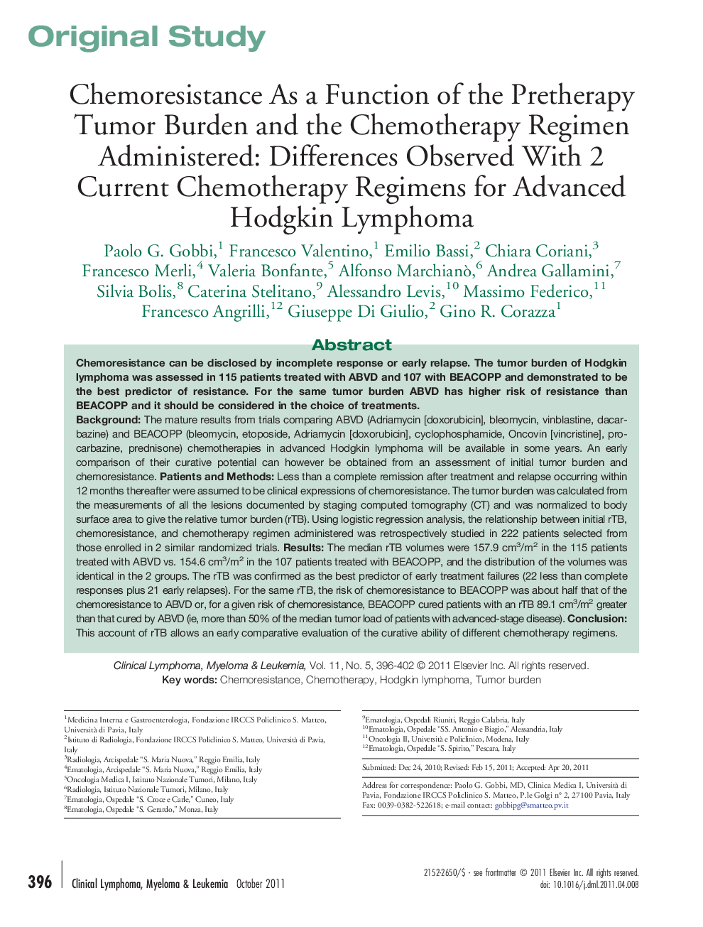 Chemoresistance As a Function of the Pretherapy Tumor Burden and the Chemotherapy Regimen Administered: Differences Observed With 2 Current Chemotherapy Regimens for Advanced Hodgkin Lymphoma