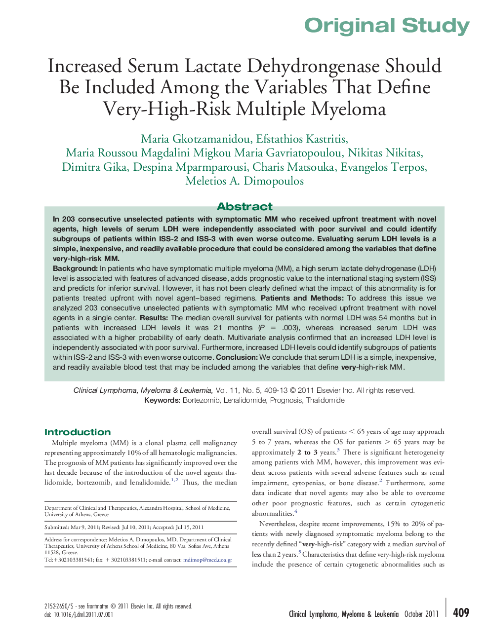 Increased Serum Lactate Dehydrongenase Should Be Included Among the Variables That Define Very-High-Risk Multiple Myeloma