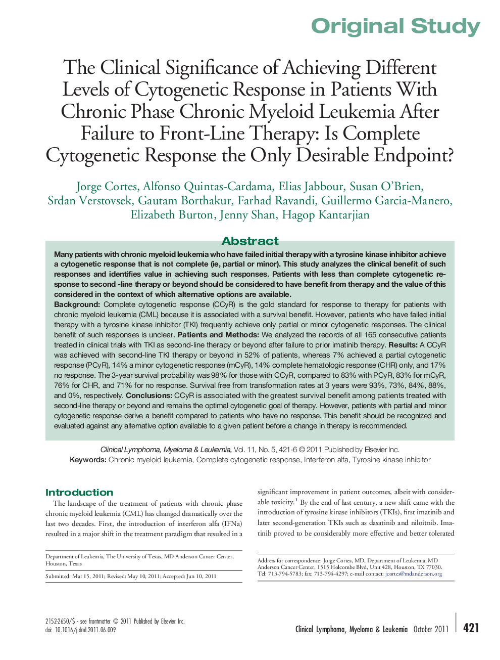 The Clinical Significance of Achieving Different Levels of Cytogenetic Response in Patients With Chronic Phase Chronic Myeloid Leukemia After Failure to Front-Line Therapy: Is Complete Cytogenetic Response the Only Desirable Endpoint?