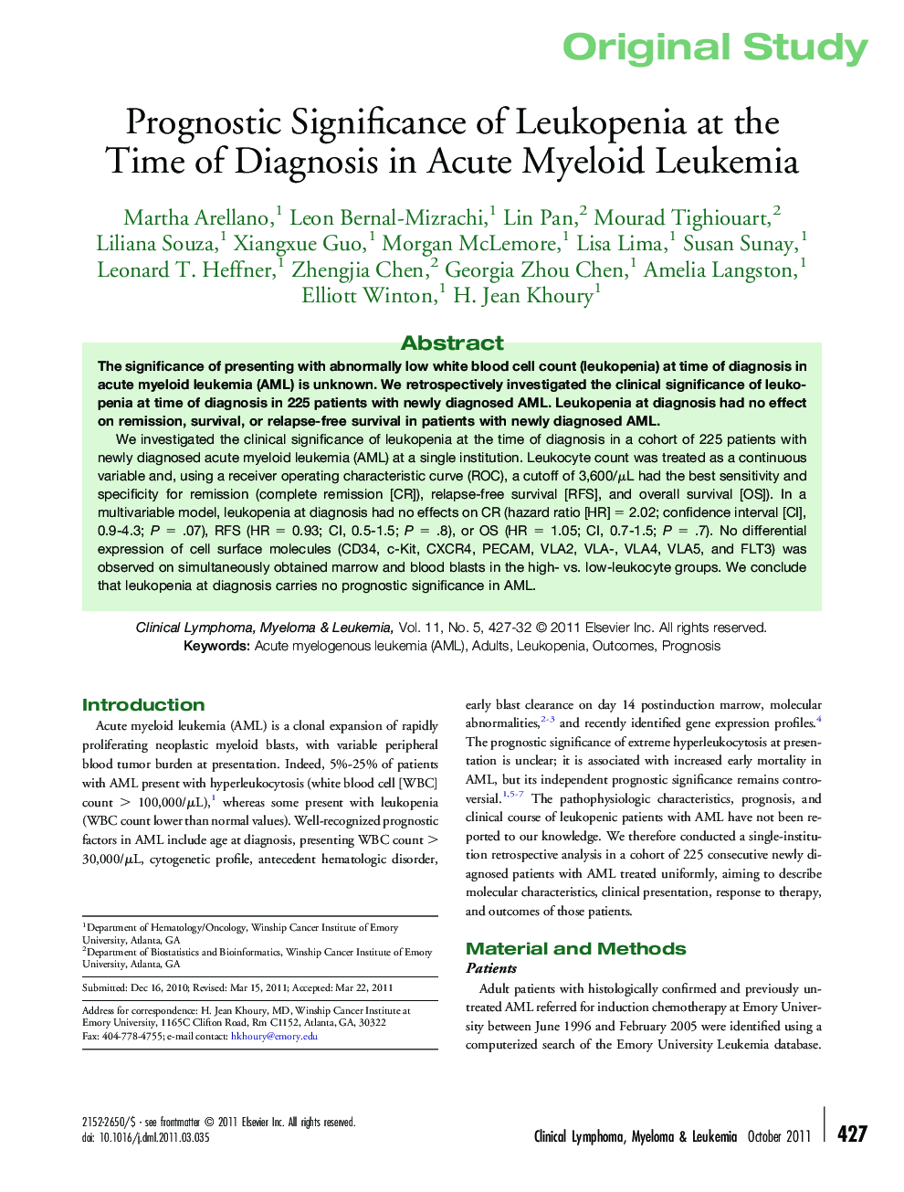 Prognostic Significance of Leukopenia at the Time of Diagnosis in Acute Myeloid Leukemia