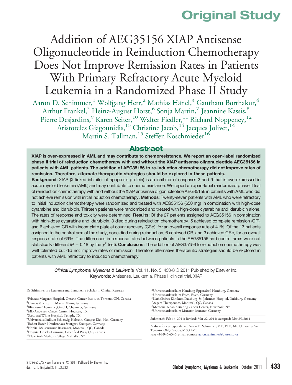 Addition of AEG35156 XIAP Antisense Oligonucleotide in Reinduction Chemotherapy Does Not Improve Remission Rates in Patients With Primary Refractory Acute Myeloid Leukemia in a Randomized Phase II Study 