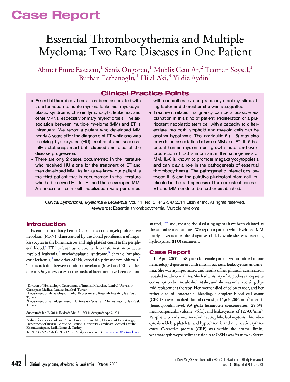 Essential Thrombocythemia and Multiple Myeloma: Two Rare Diseases in One Patient