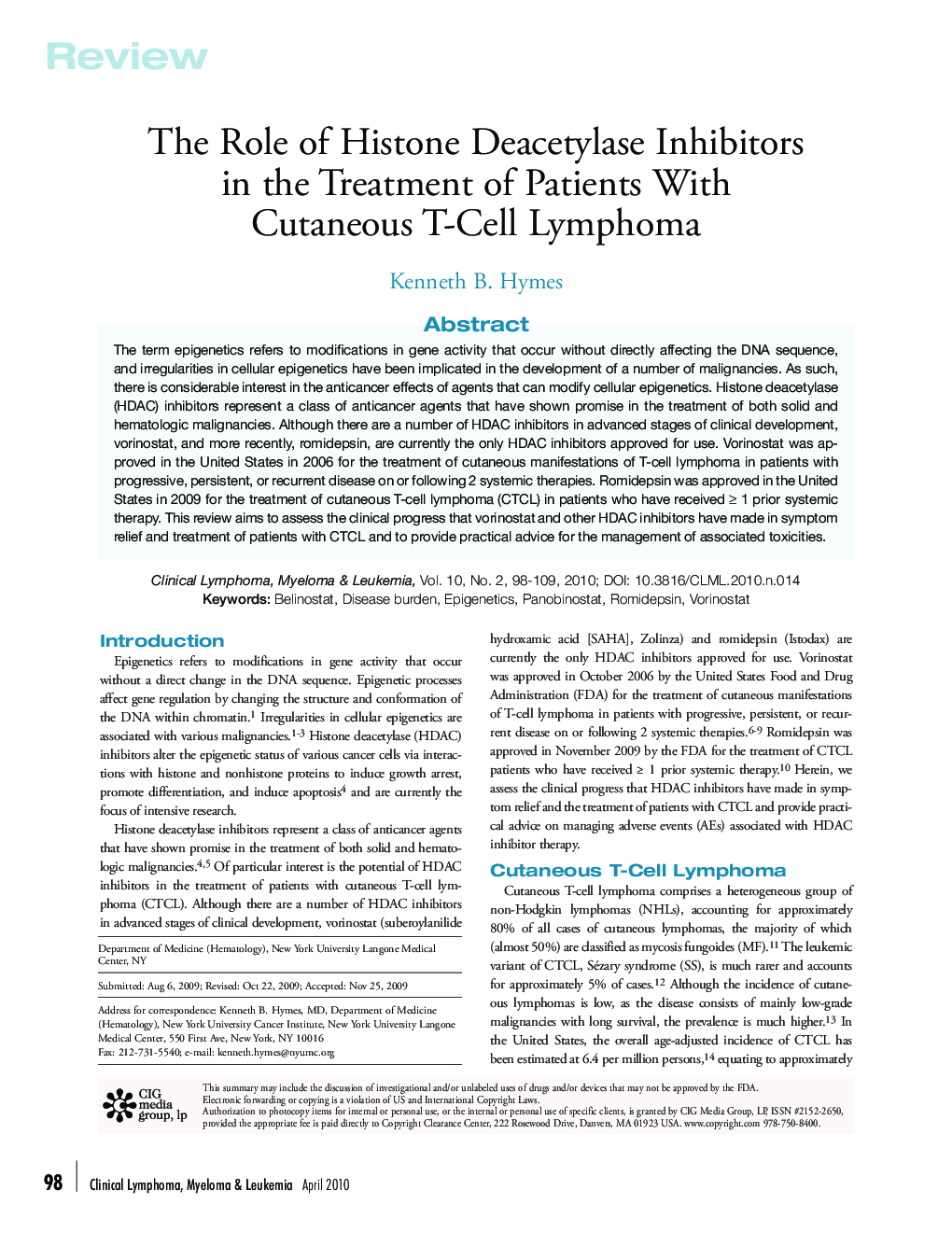 The Role of Histone Deacetylase Inhibitors in the Treatment of Patients With Cutaneous T-Cell Lymphoma 