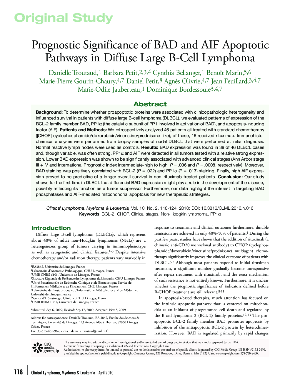 Prognostic Significance of BAD and AIF Apoptotic Pathways in Diffuse Large B-Cell Lymphoma 