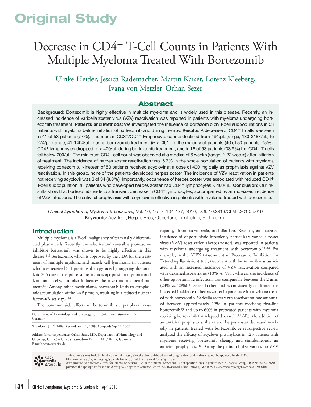 Decrease in CD4+ T-Cell Counts in Patients With Multiple Myeloma Treated With Bortezomib 