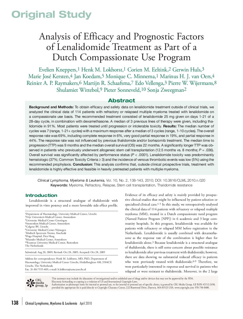 Analysis of Efficacy and Prognostic Factors of Lenalidomide Treatment as Part of a Dutch Compassionate Use Program 