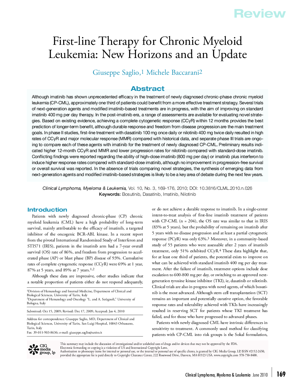 First-line Therapy for Chronic Myeloid Leukemia: New Horizons and an Update 