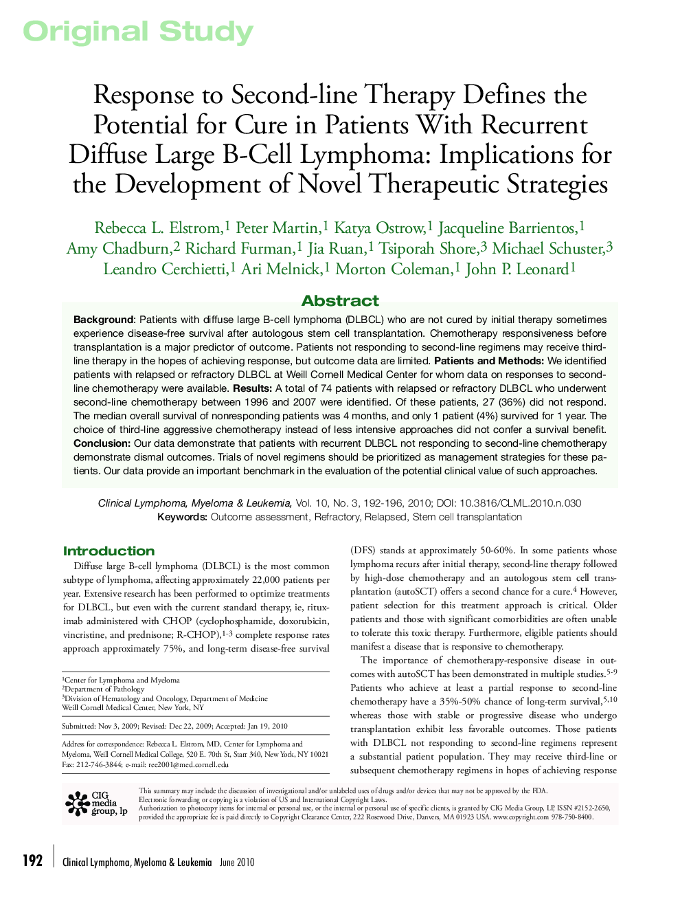 Response to Second-line Therapy Defines the Potential for Cure in Patients With Recurrent Diffuse Large B-Cell Lymphoma: Implications for the Development of Novel Therapeutic Strategies 