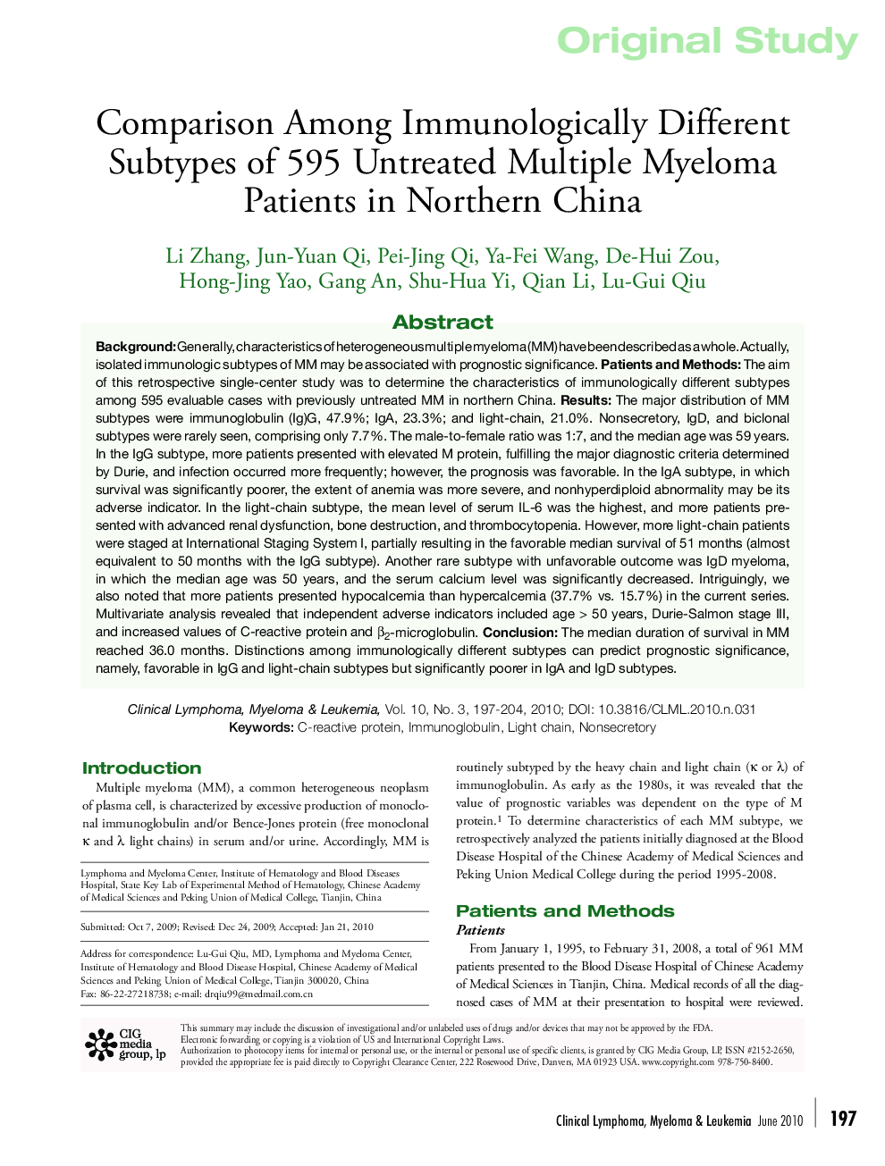 Comparison Among Immunologically Different Subtypes of 595 Untreated Multiple Myeloma Patients in Northern China 