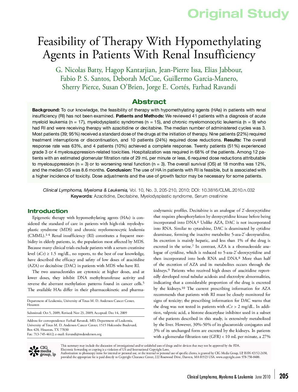 Feasibility of Therapy With Hypomethylating Agents in Patients With Renal Insufficiency 