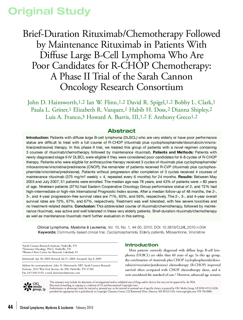 Brief-Duration Rituximab/Chemotherapy Followed by Maintenance Rituximab in Patients With Diffuse Large B-Cell Lymphoma Who Are Poor Candidates for R-CHOP Chemotherapy: A Phase II Trial of the Sarah Cannon Oncology Research Consortium 