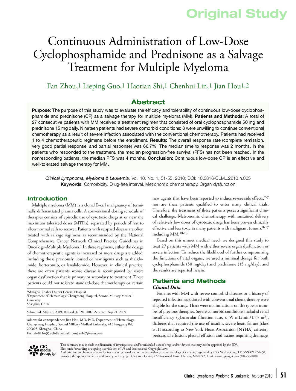 Continuous Administration of Low-Dose Cyclophosphamide and Prednisone as a Salvage Treatment for Multiple Myeloma 