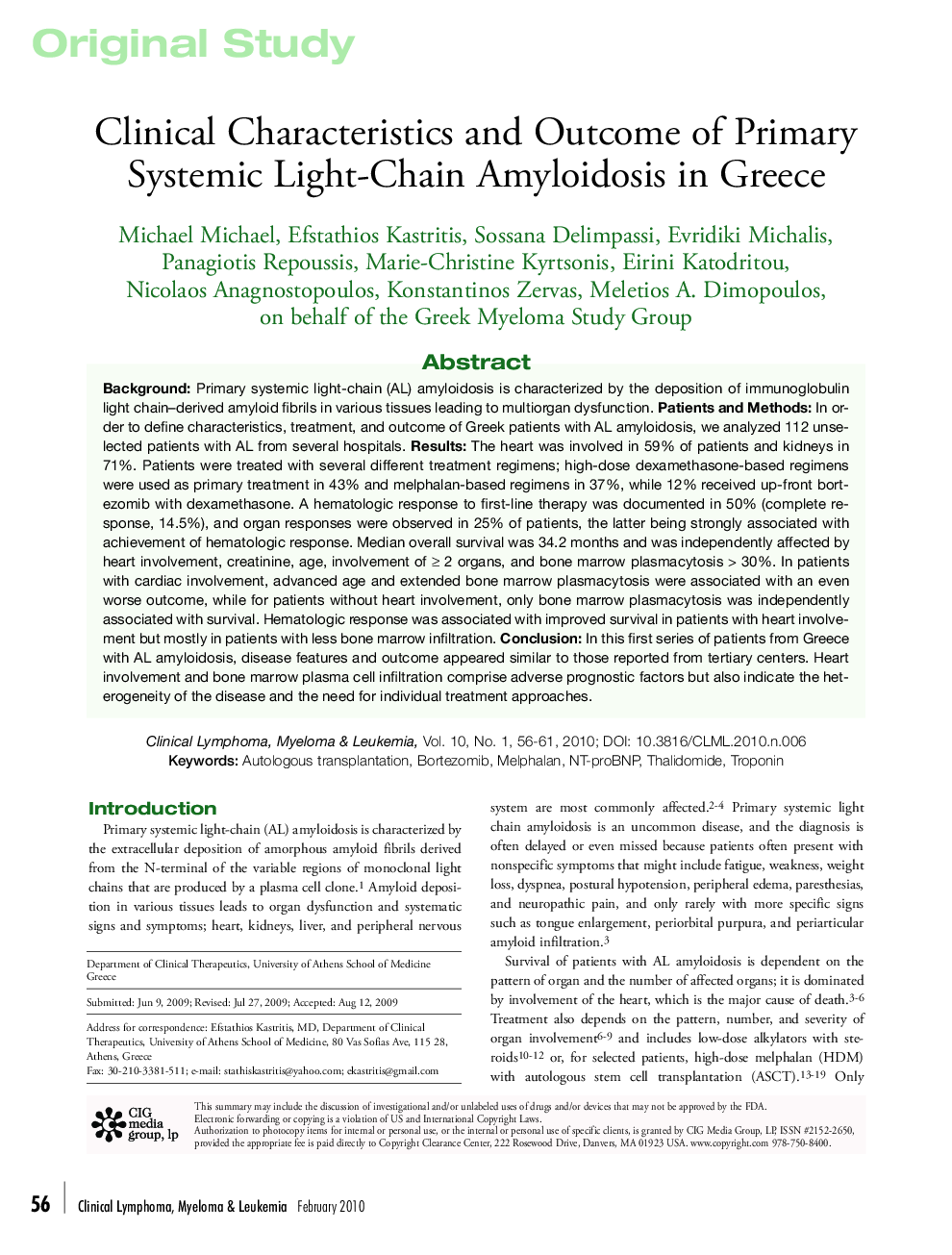 Clinical Characteristics and Outcome of Primary Systemic Light-Chain Amyloidosis in Greece