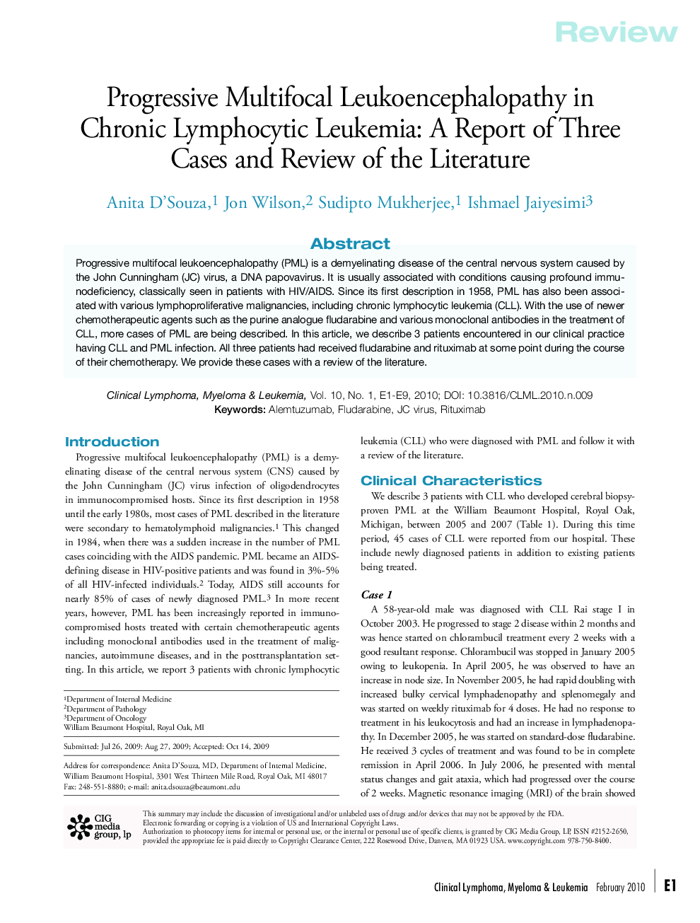 Progressive Multifocal Leukoencephalopathy in Chronic Lymphocytic Leukemia: A Report of Three Cases and Review of the Literature 