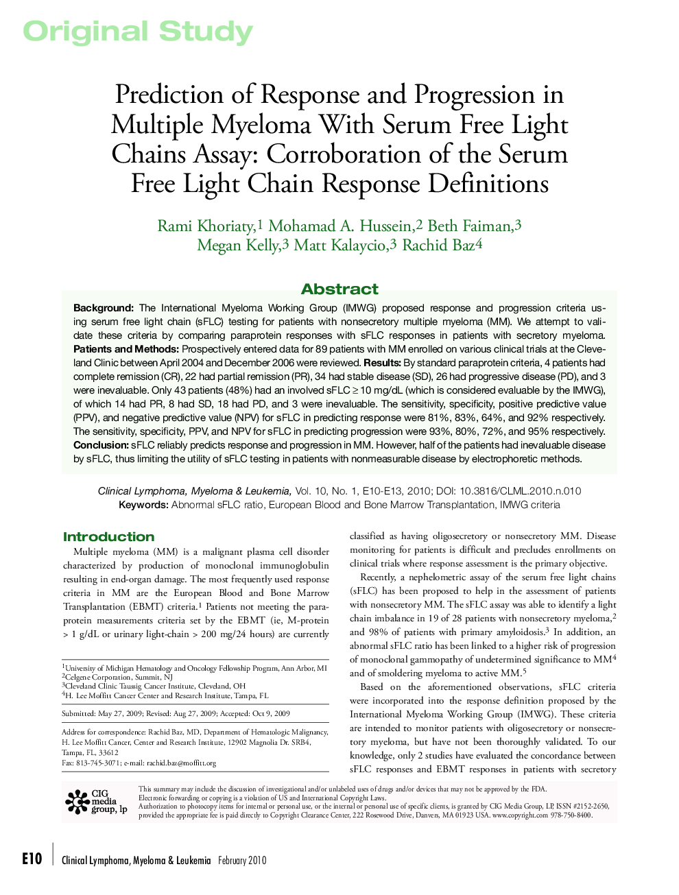 Prediction of Response and Progression in Multiple Myeloma With Serum Free Light Chains Assay: Corroboration of the Serum Free Light Chain Response Definitions 