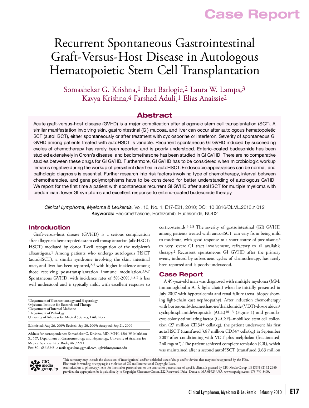 Recurrent Spontaneous Gastrointestinal Graft-Versus-Host Disease in Autologous Hematopoietic Stem Cell Transplantation 