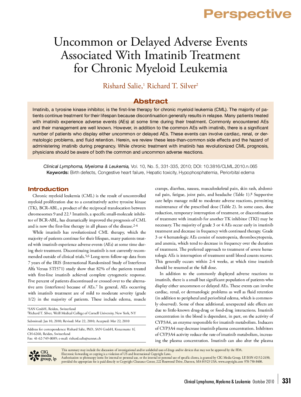 Uncommon or Delayed Adverse Events Associated With Imatinib Treatment for Chronic Myeloid Leukemia 