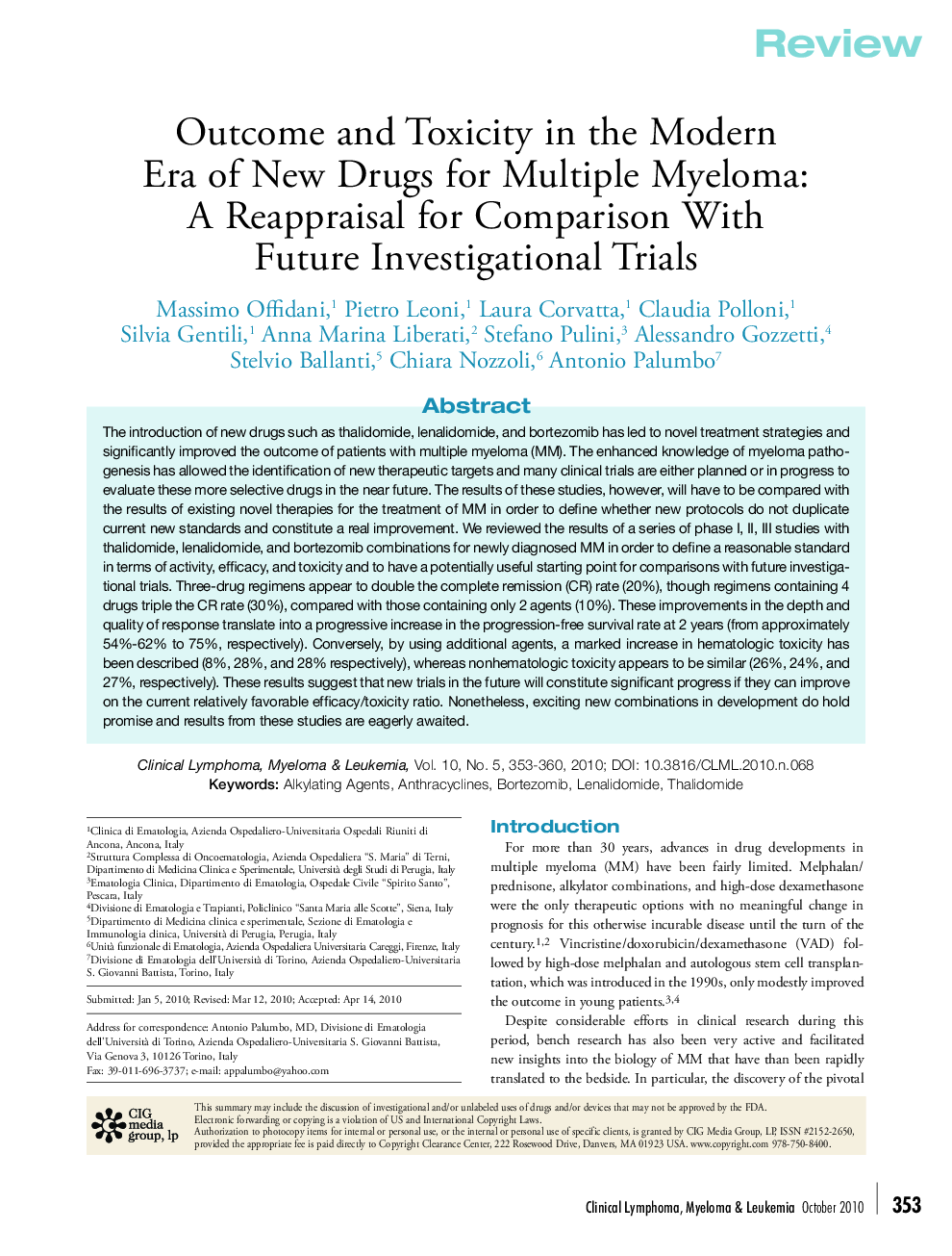 Outcome and Toxicity in the Modern Era of New Drugs for Multiple Myeloma: A Reappraisal for Comparison With Future Investigational Trials 