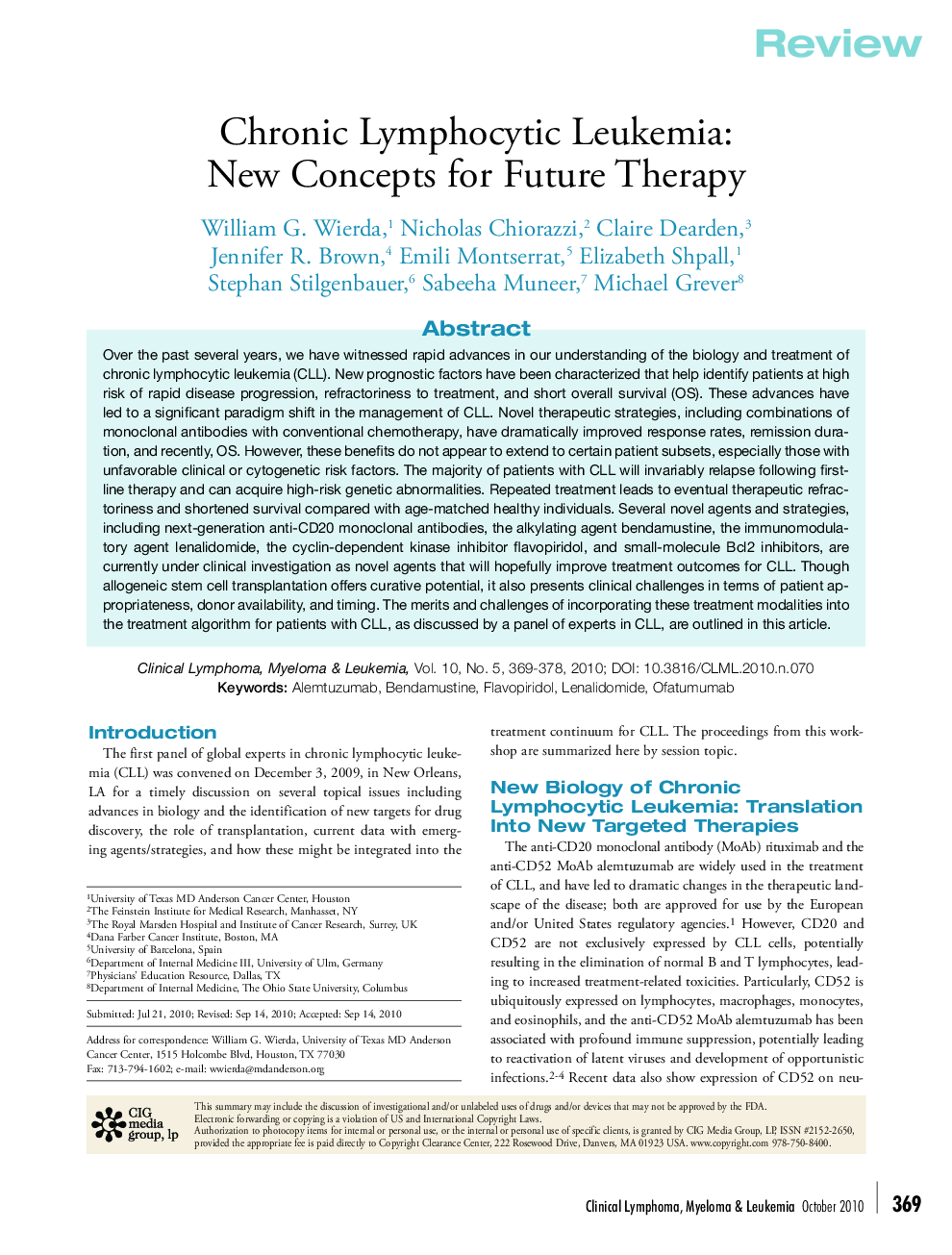 Chronic Lymphocytic Leukemia: New Concepts for Future Therapy 