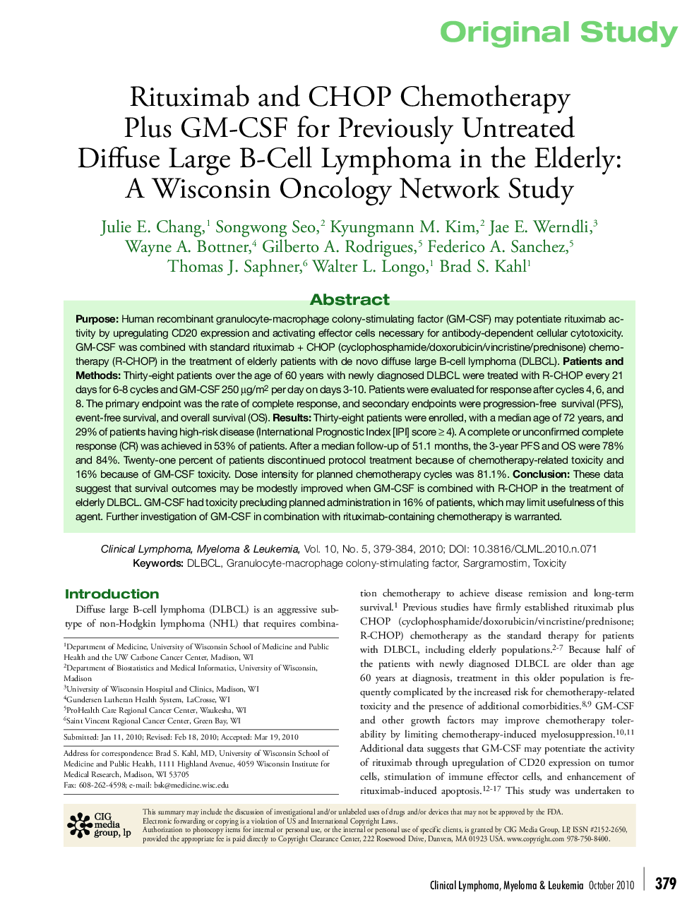 Rituximab and CHOP Chemotherapy Plus GM-CSF for Previously Untreated Diffuse Large B-Cell Lymphoma in the Elderly: A Wisconsin Oncology Network Study 