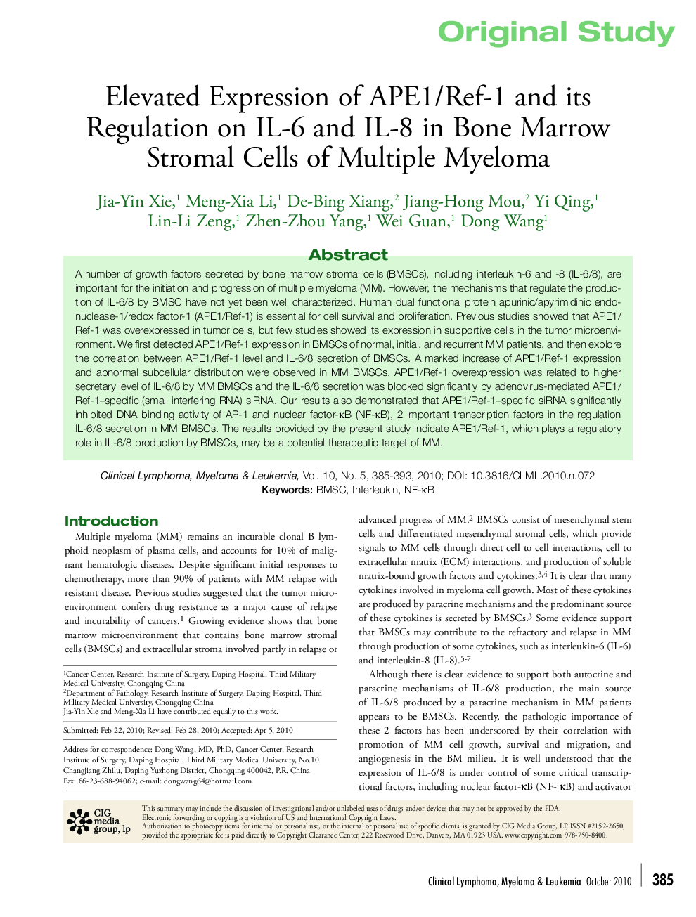 Elevated Expression of APE1/Ref-1 and its Regulation on IL-6 and IL-8 in Bone Marrow Stromal Cells of Multiple Myeloma 