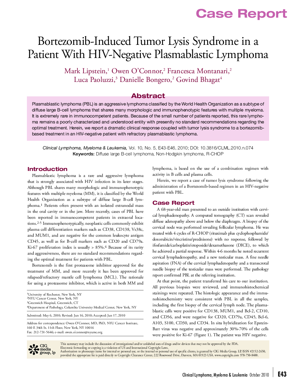Bortezomib-Induced Tumor Lysis Syndrome in a Patient With HIV-Negative Plasmablastic Lymphoma 