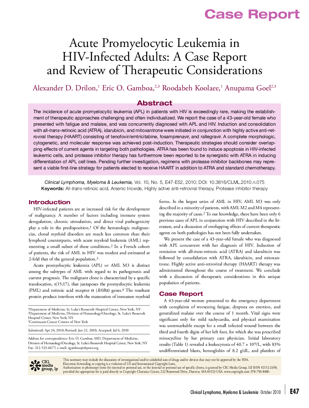 Acute Promyelocytic Leukemia in HIV-Infected Adults: A Case Report and Review of Therapeutic Considerations 