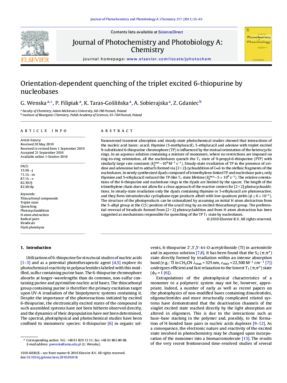 Orientation-dependent quenching of the triplet excited 6-thiopurine by nucleobases