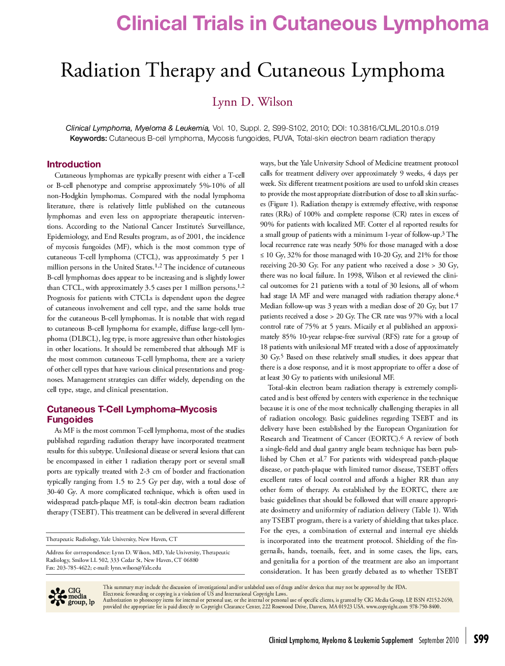 Radiation Therapy and Cutaneous Lymphoma