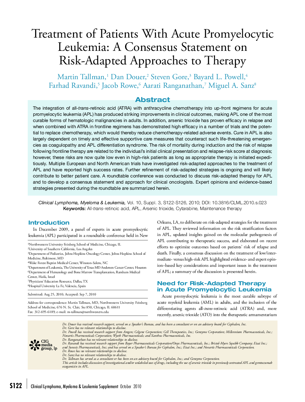 Treatment of Patients With Acute Promyelocytic Leukemia: A Consensus Statement on Risk-Adapted Approaches to Therapy 