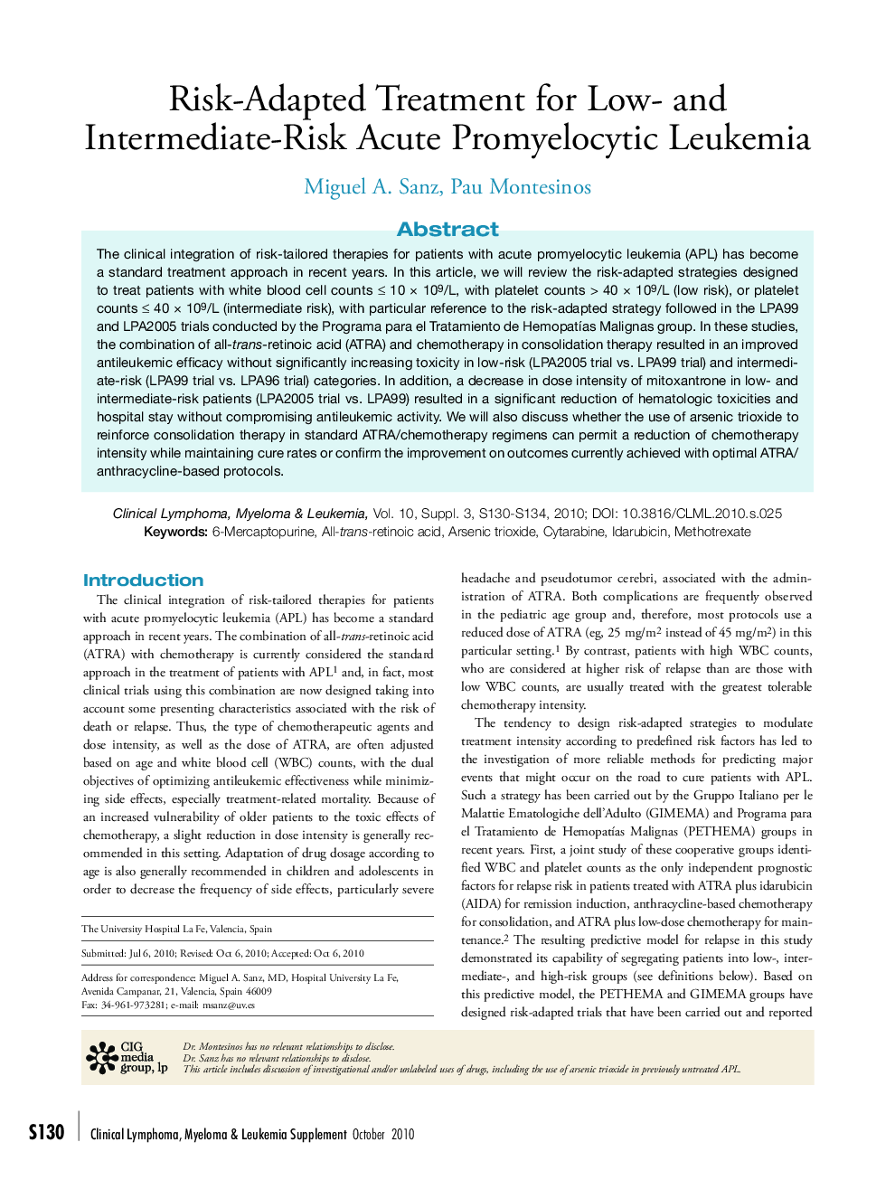 Risk-Adapted Treatment for Low- and Intermediate-Risk Acute Promyelocytic Leukemia 