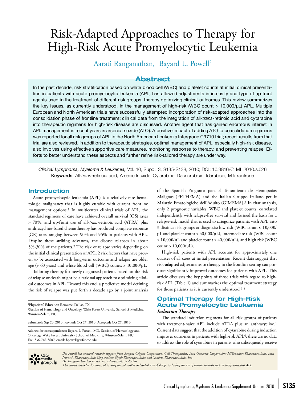 Risk-Adapted Approaches to Therapy for High-Risk Acute Promyelocytic Leukemia 