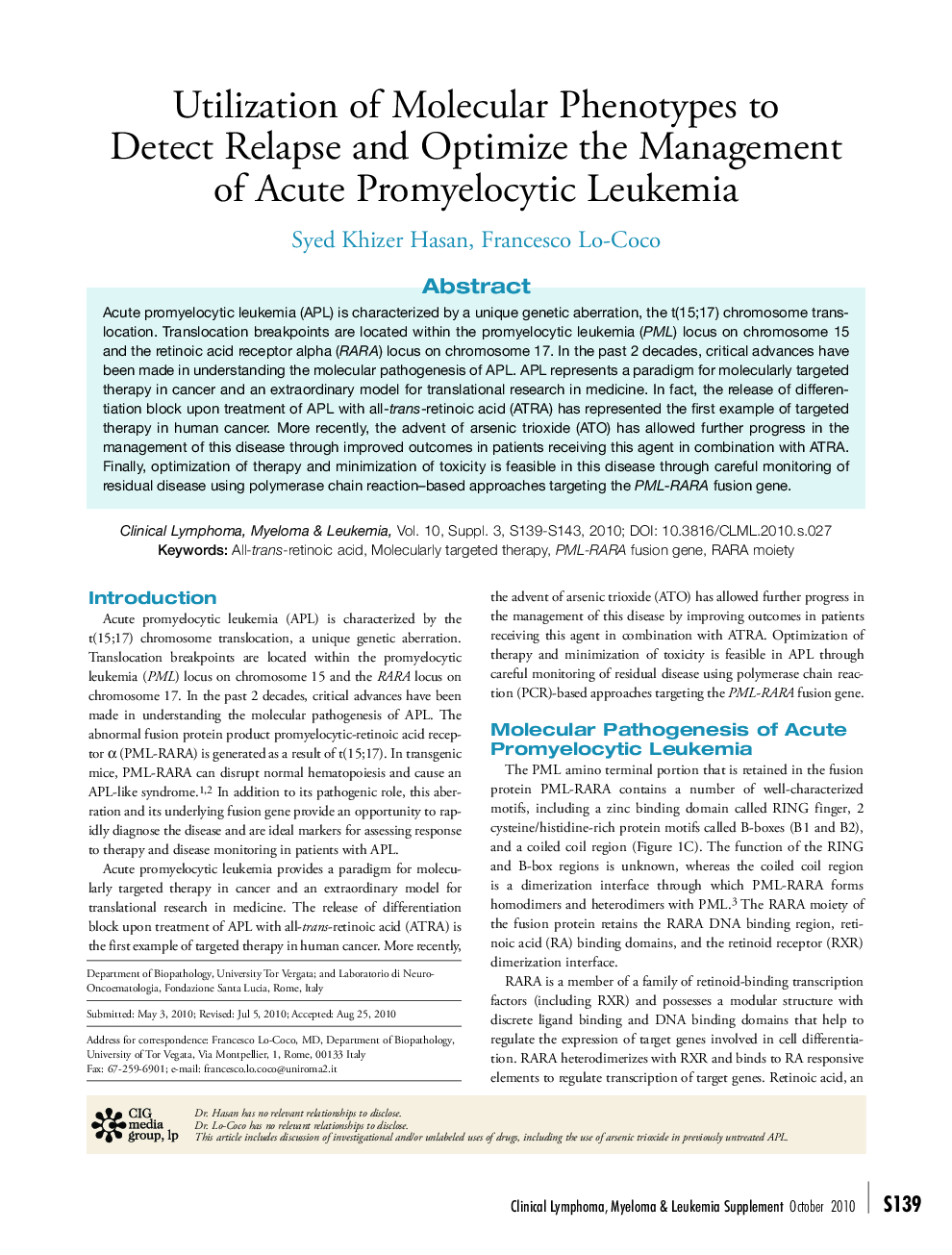 Utilization of Molecular Phenotypes to Detect Relapse and Optimize the Management of Acute Promyelocytic Leukemia 