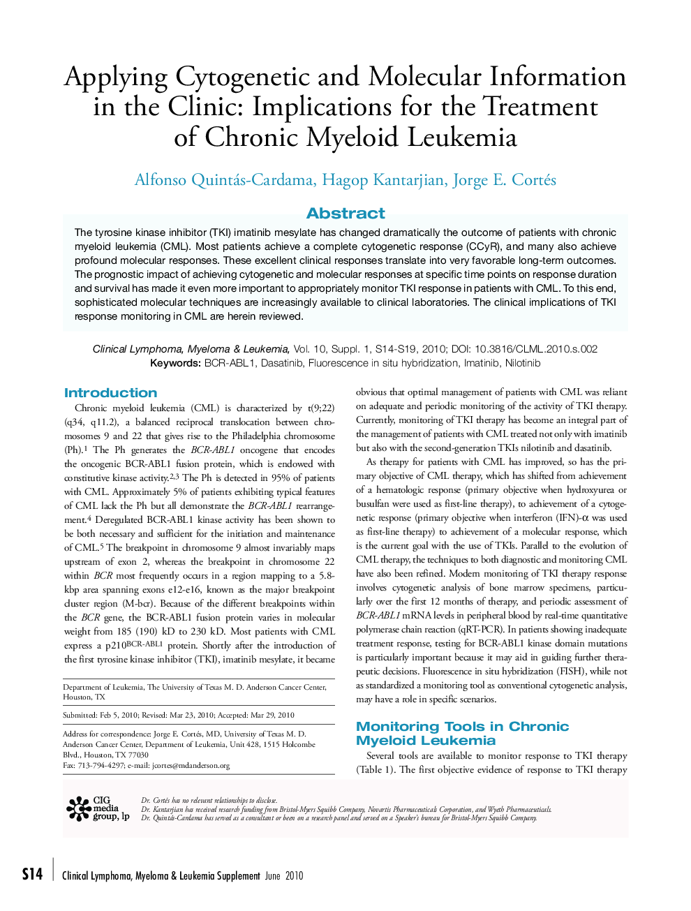 Applying Cytogenetic and Molecular Information in the Clinic: Implications for the Treatment of Chronic Myeloid Leukemia 