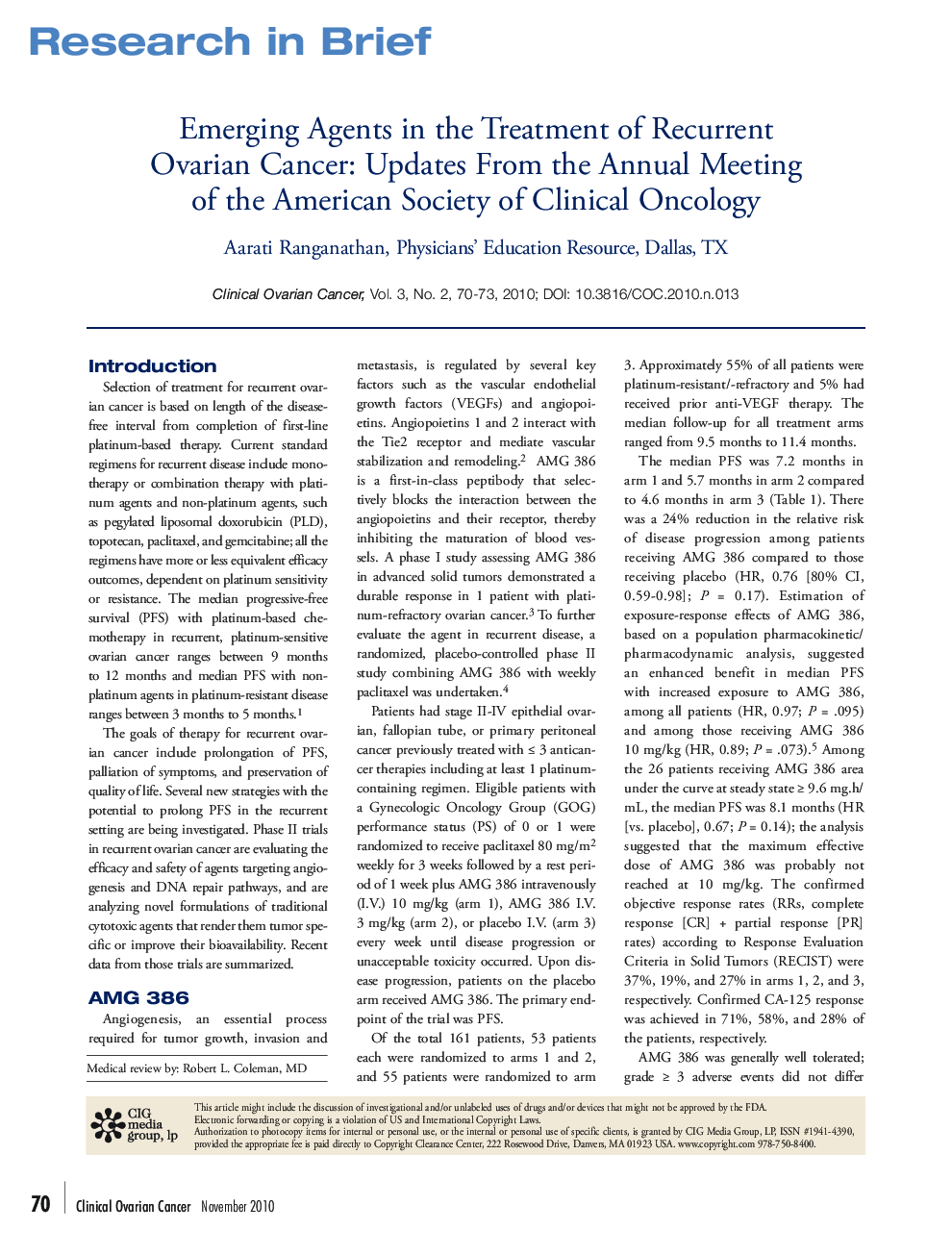 عکس صفحه اول مقاله: Emerging Agents in the Treatment of Recurrent Ovarian Cancer: Updates From the Annual Meeting of the American Society of Clinical Oncology Emerging Agents in the Treatment of Recurrent Ovarian Cancer: Updates From the Annual Meeting of the American Society of Clinical Oncology