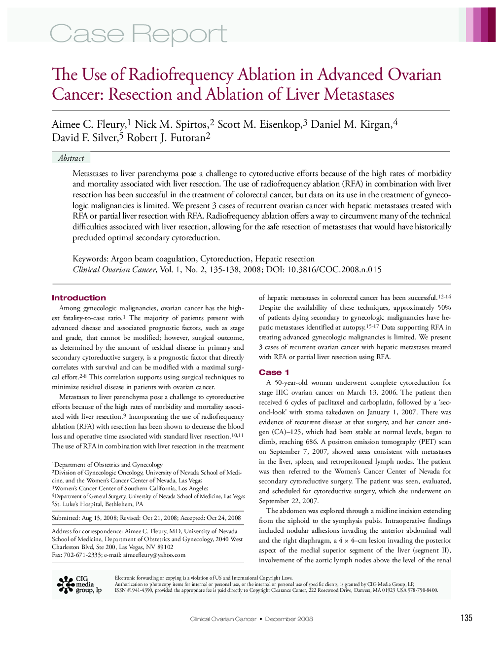 The Use of Radiofrequency Ablation in Advanced Ovarian Cancer: Resection and Ablation of Liver Metastases 