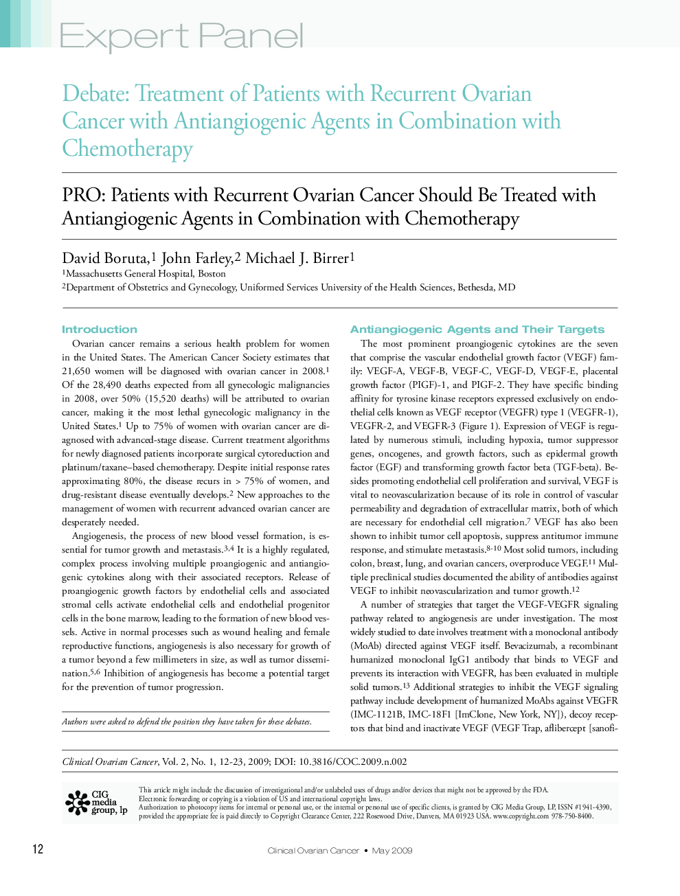PRO: Patients with Recurrent Ovarian Cancer Should Be Treated with Antiangiogenic Agents in Combination with Chemotherapy