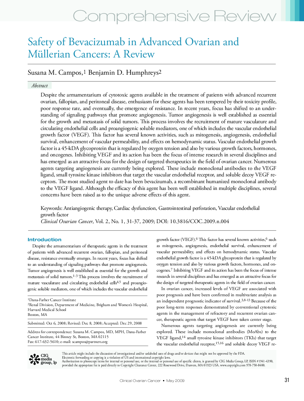 عکس صفحه اول مقاله: Safety of Bevacizumab in Advanced Ovarian and Müllerian Cancers: A Review Safety of Bevacizumab in Advanced Ovarian and Müllerian Cancers: A Review