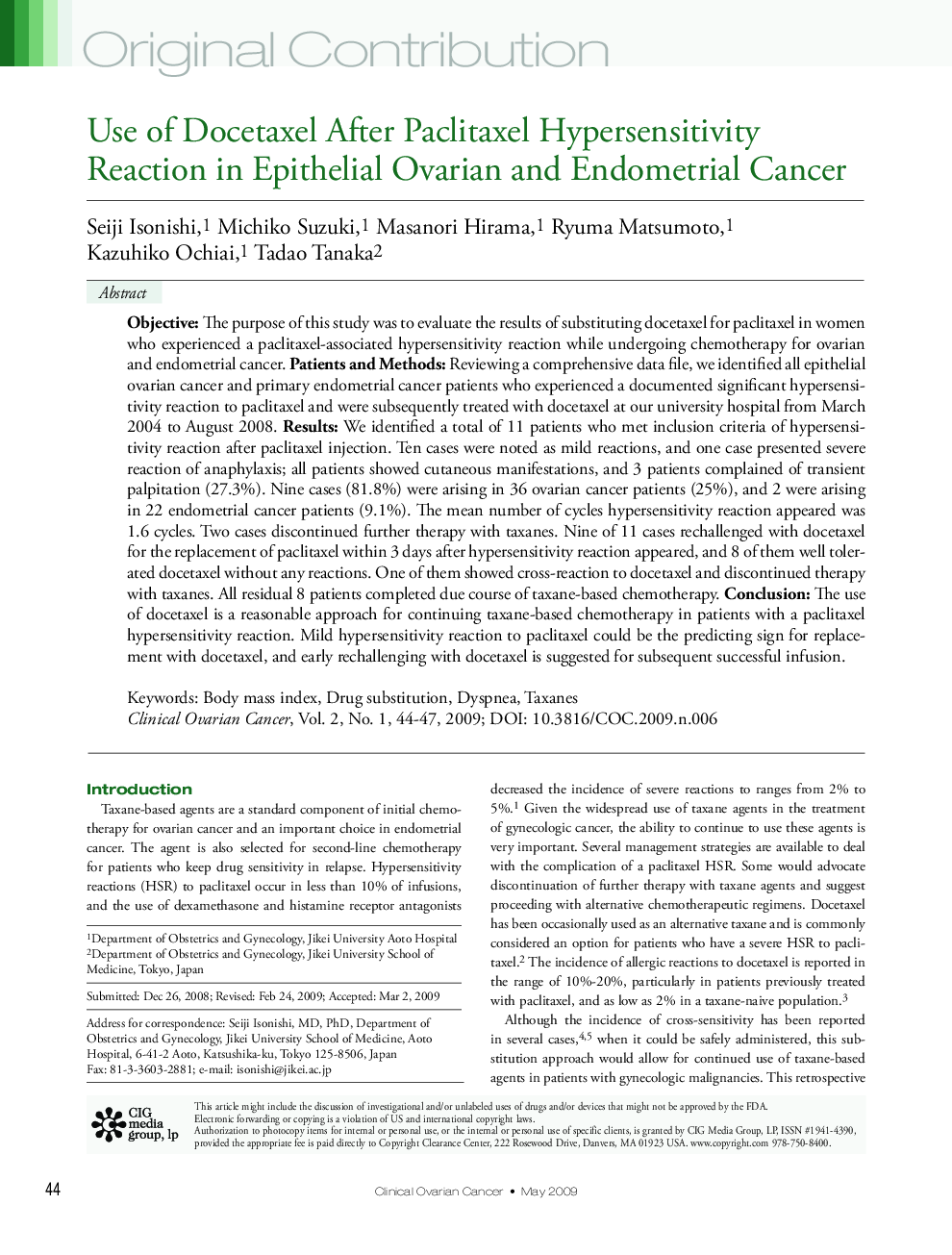 عکس صفحه اول مقاله: Use of Docetaxel After Paclitaxel Hypersensitivity Reaction in Epithelial Ovarian and Endometrial Cancer Use of Docetaxel After Paclitaxel Hypersensitivity Reaction in Epithelial Ovarian and Endometrial Cancer